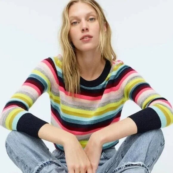 J Crew 100% cashmere Multicolor long sleeve crew neck sweater womens size M - Picture 2 of 9
